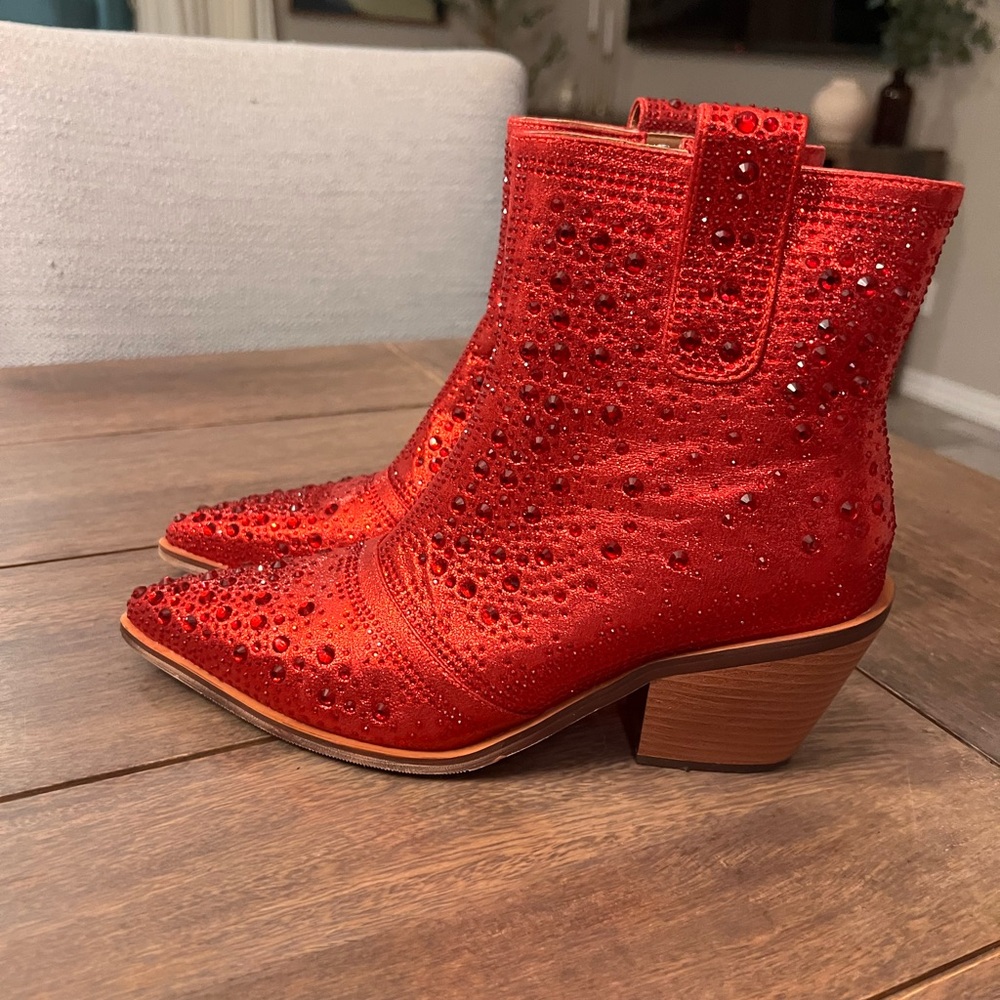 Isnom Red Rhinestone Sparkly Cowboy Boots - Picture 6 of 11